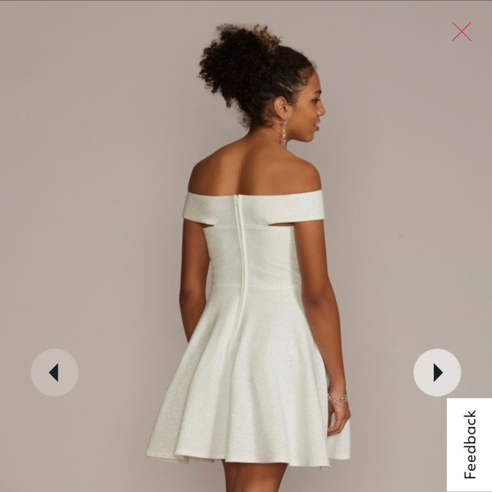 David’s Bridal crisscross off the shoulder glitter mini dress